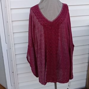 Hannah V-Neck Top Crochet Embellished Open Bell Sleeves Burgundy Knit Plus Size